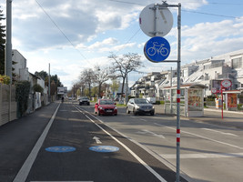 Zwei KFZ-Fahrspuren, daneben Radweg und Gehsteig, auf anderer Seite Straßenbahn-Gleiskörper mit Haltestellen