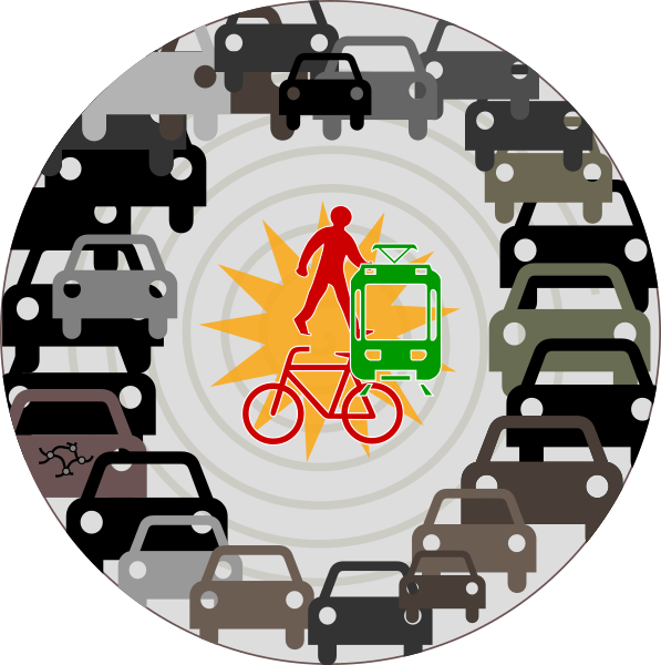 Grafik aus Piktogrammen: Fußgänger und Fahrrad mit Straßenbahn mittig in Konfliktsituation, rundherum unzählige Autos