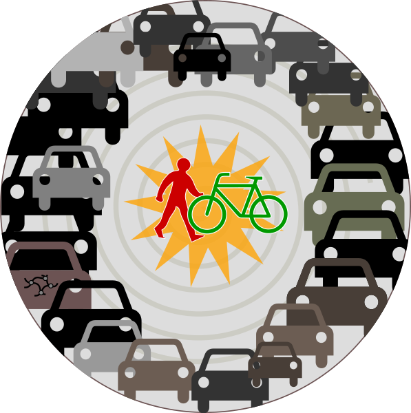 Grafik aus Piktogrammen: Fußgänger und Fahrrad mittig in Konfliktsituation, rundherum unzählige Autos